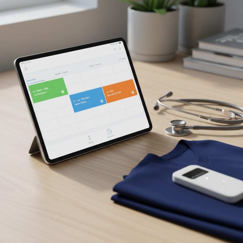 A close-up view of a tablet resting on a light wood desk, displaying a clean, modern mobile veterinary scheduling interface with color-coded appointments and clear icons for billing and logistics. Beside the tablet lie a polished stainless steel stethoscope, a neatly folded navy-blue scrub top, and a slim wireless card reader. Diffused daylight from an unseen window illuminates the scene, casting soft, natural shadows and subtle reflections on the device screens. Shot from a slightly elevated angle with a shallow depth of field, the digital interface remains in crisp focus while the background gently blurs, creating a professional, trustworthy, photographic image that highlights streamlined practice management.