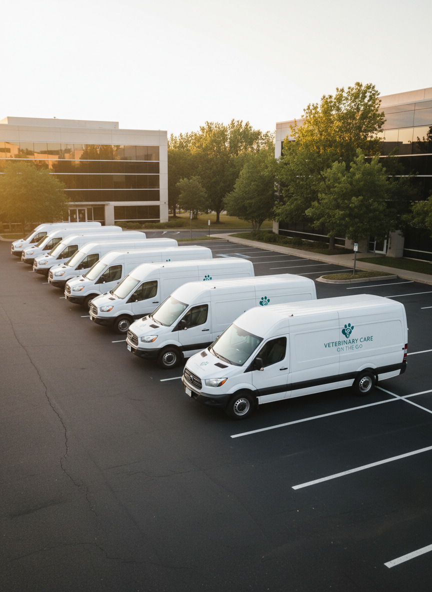 A fleet of pristine white mobile veterinary vehicles parked in an orderly diagonal row in a modern office parking lot, each van branded with a simple teal and gray logo and clean typography. The ground is smooth asphalt with clear parking lines, and in the background stand low, glass-fronted office buildings and soft tree lines. The scene is bathed in gentle golden-hour light, casting long, soft shadows and warm reflections on the vehicle surfaces. Captured from a slightly low, wide-angle perspective, the composition emphasizes scale, coordination, and reliability, with photographic realism and a calm, confident atmosphere that conveys a well-organized service network.