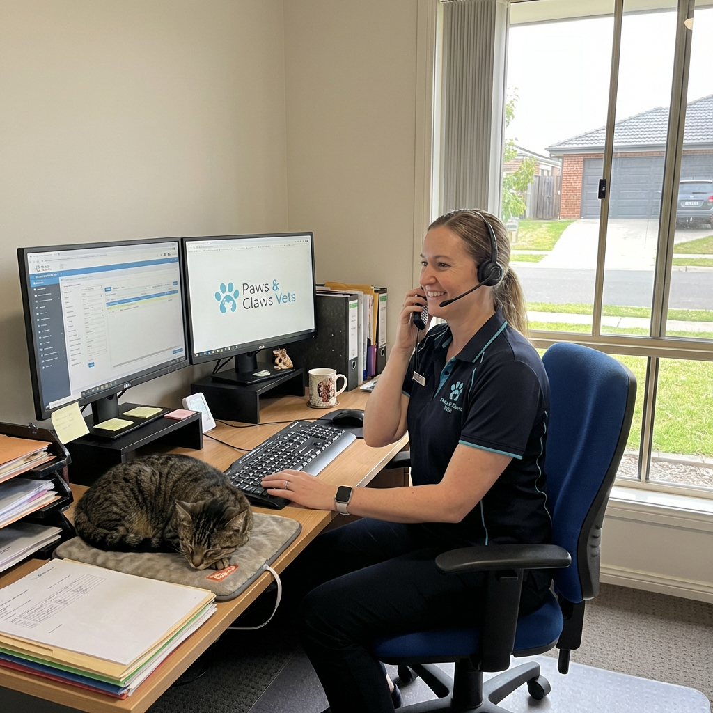 A smiling receptionist works at a computer beside a sleeping tabby cat.