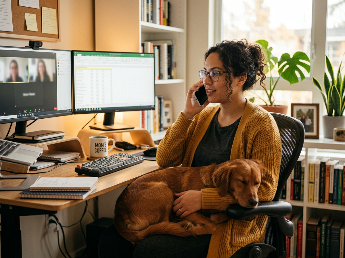Woman on phone holding dog in home office with dual monitors