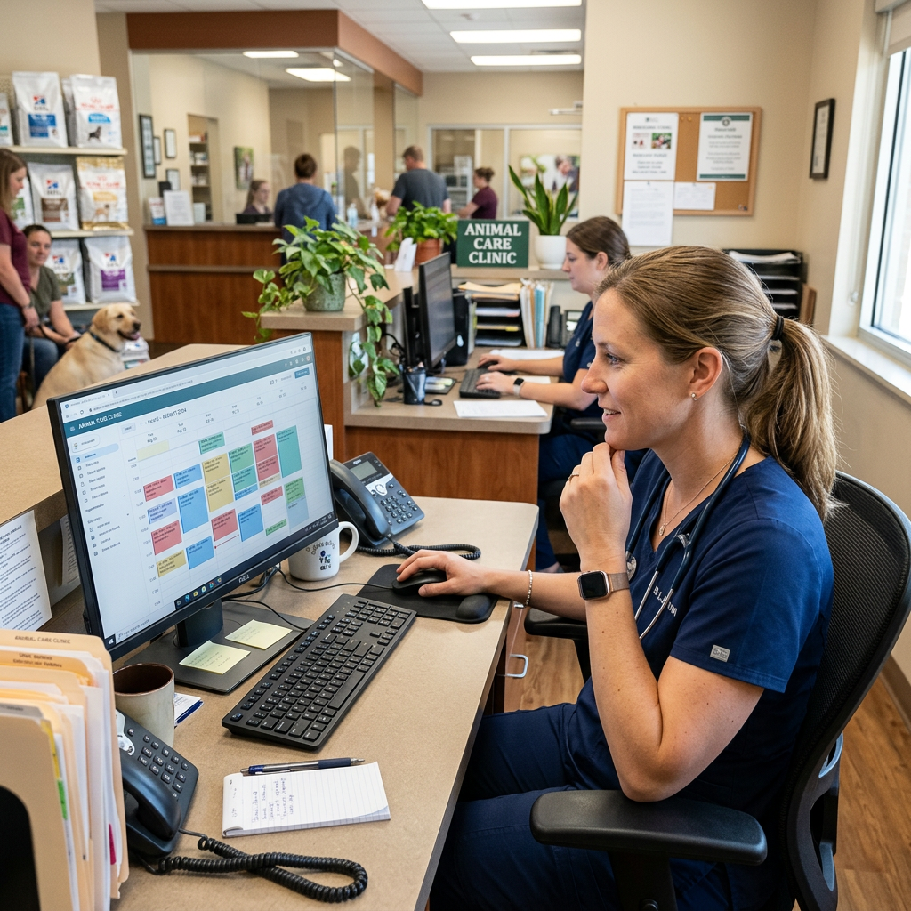 Veterinary receptionist working on computer scheduling appointments in animal care clinic