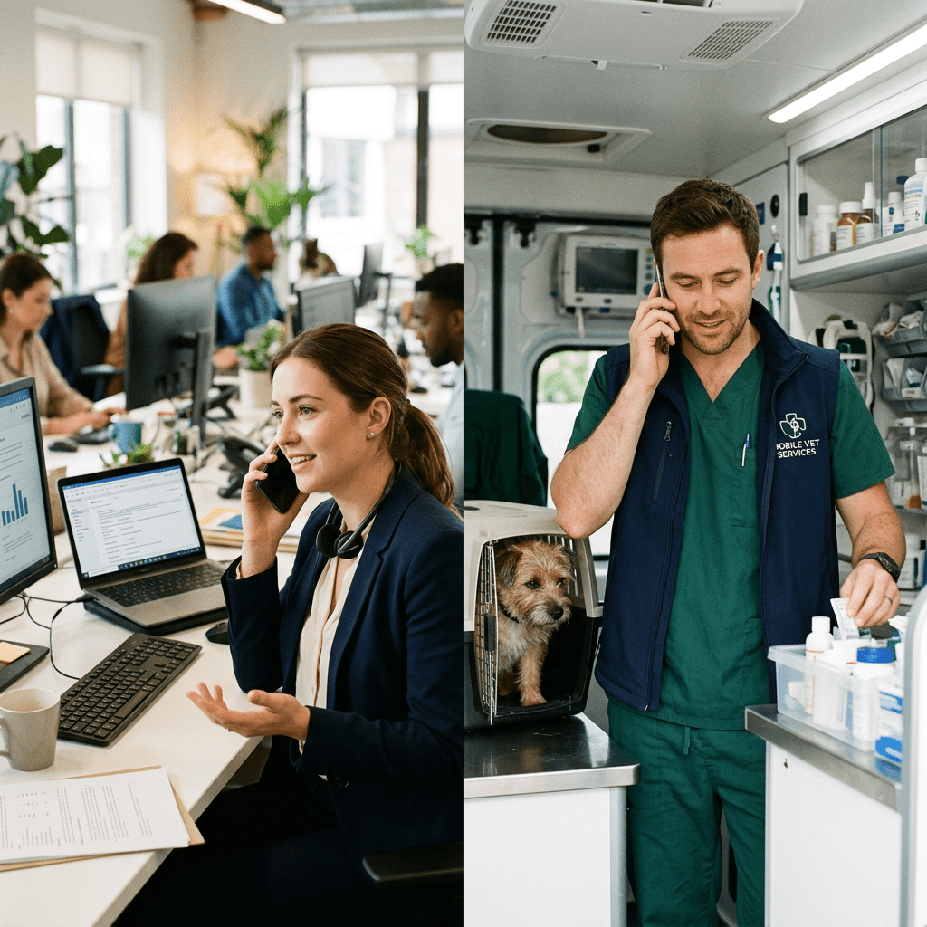 Customer service representative talking on phone in office and veterinarian talking on phone with dog in carrier