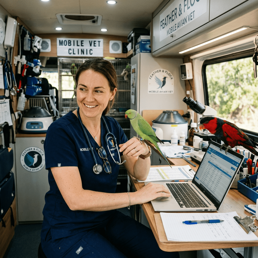 Mobile veterinarian with bird on laptop