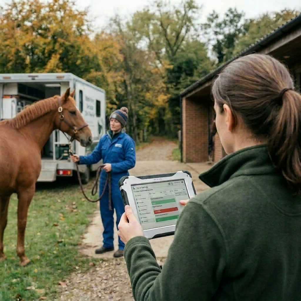 Veterinarian holding tablet and gently touching a brown horse outside a stable with mobile vet clinic in background